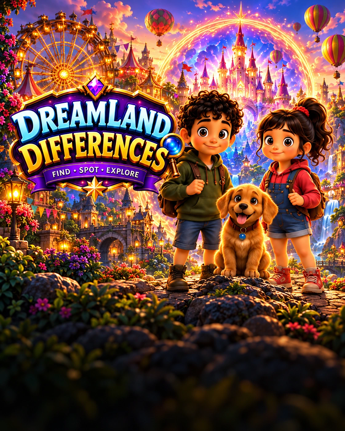 Ilustración de Dreamland Differences: sus protagonistas y el portal dorado