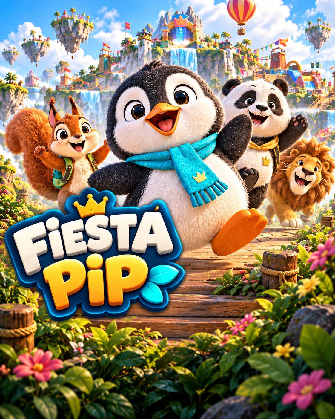 Ilustración de Fiesta PIP: Pip con su bufanda azul y sus amigos