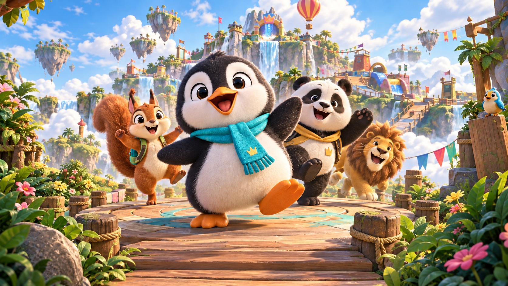 Ilustración de Fiesta PIP: el pingüino Pip y sus amigos en un mundo de islas y cascadas